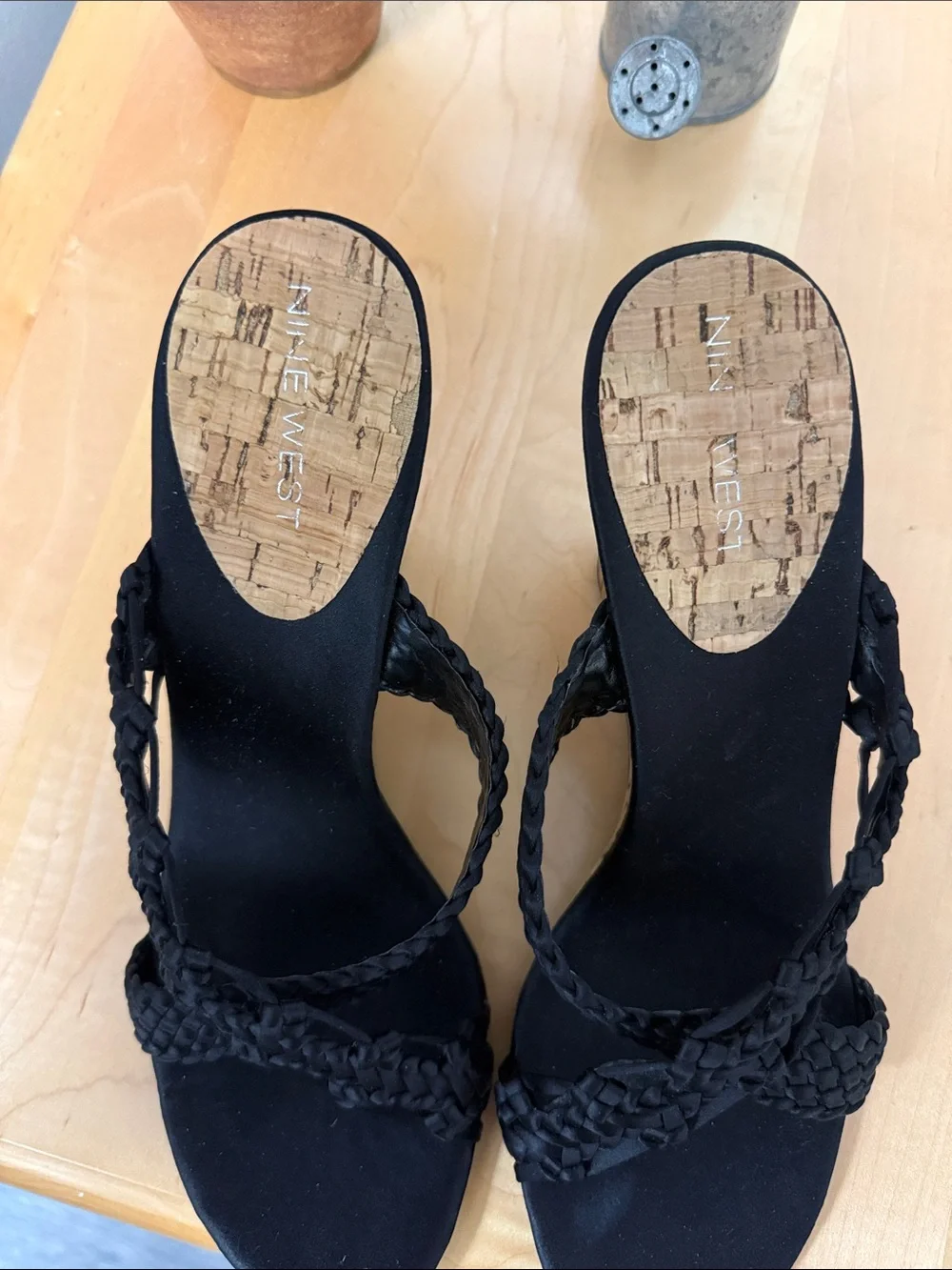 Nine West Black Braided Cork Wedge Sandals